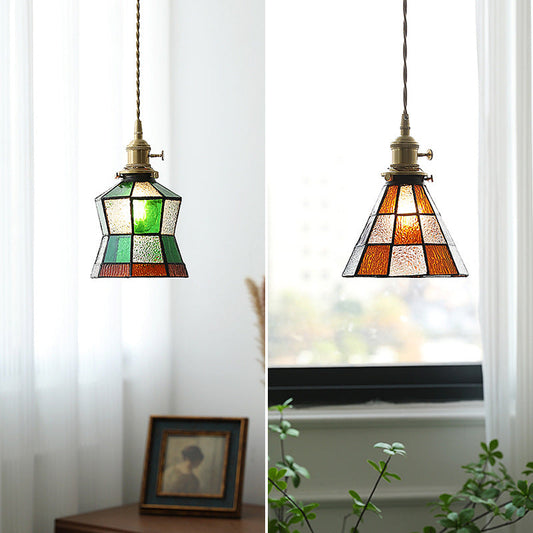 Traditional Vintage Brass Glass Hexagon Cone 1-Light Pendant Light For Living Room
