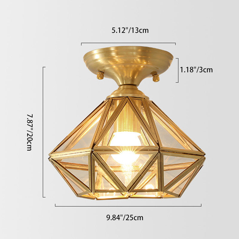Contemporary Scandinavian Brass Glass Geometric Round 1-Light Semi-Flush Mount Ceiling Light For Living Room