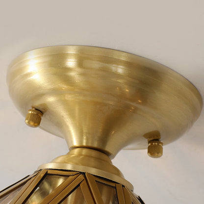 Contemporary Scandinavian Brass Glass Geometric Round 1-Light Semi-Flush Mount Ceiling Light For Living Room