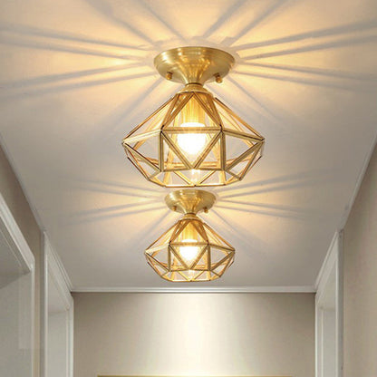 Contemporary Scandinavian Brass Glass Geometric Round 1-Light Semi-Flush Mount Ceiling Light For Living Room