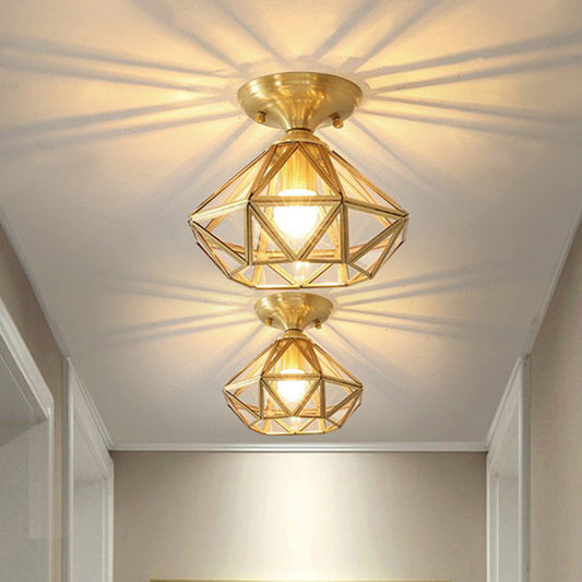 Contemporary Scandinavian Brass Glass Geometric Round 1-Light Semi-Flush Mount Ceiling Light For Living Room