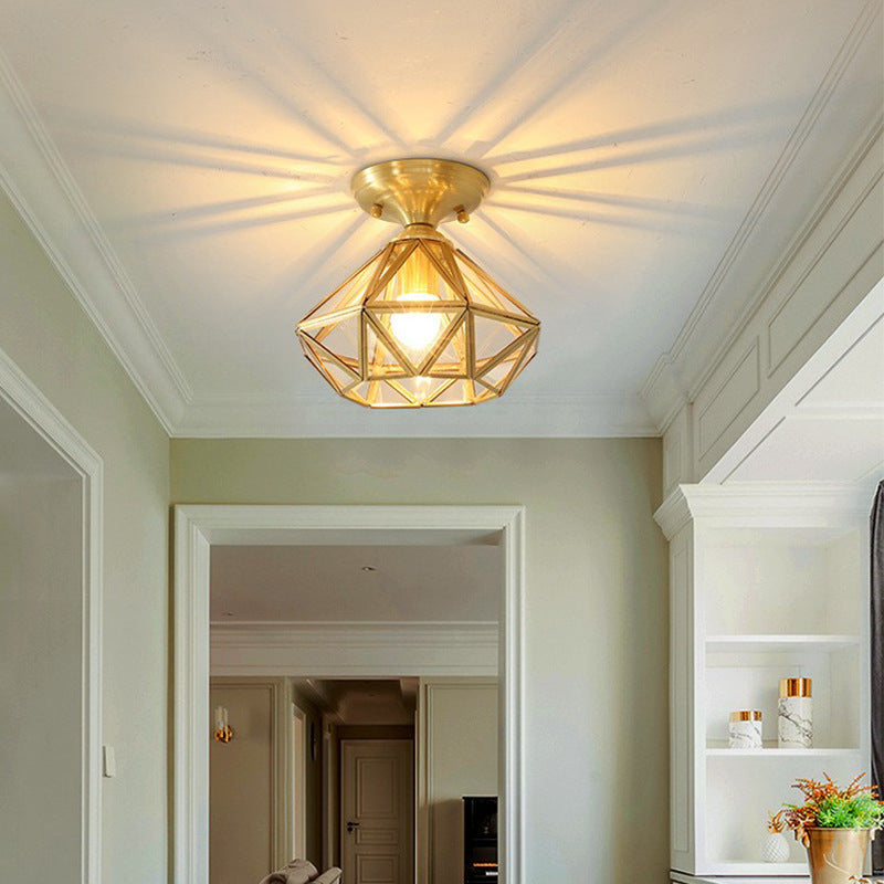 Contemporary Scandinavian Brass Glass Geometric Round 1-Light Semi-Flush Mount Ceiling Light For Living Room