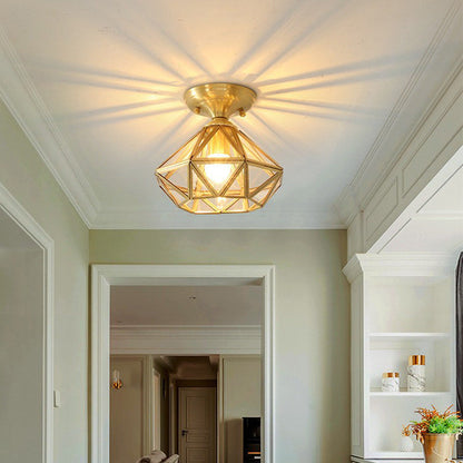 Contemporary Scandinavian Brass Glass Geometric Round 1-Light Semi-Flush Mount Ceiling Light For Living Room