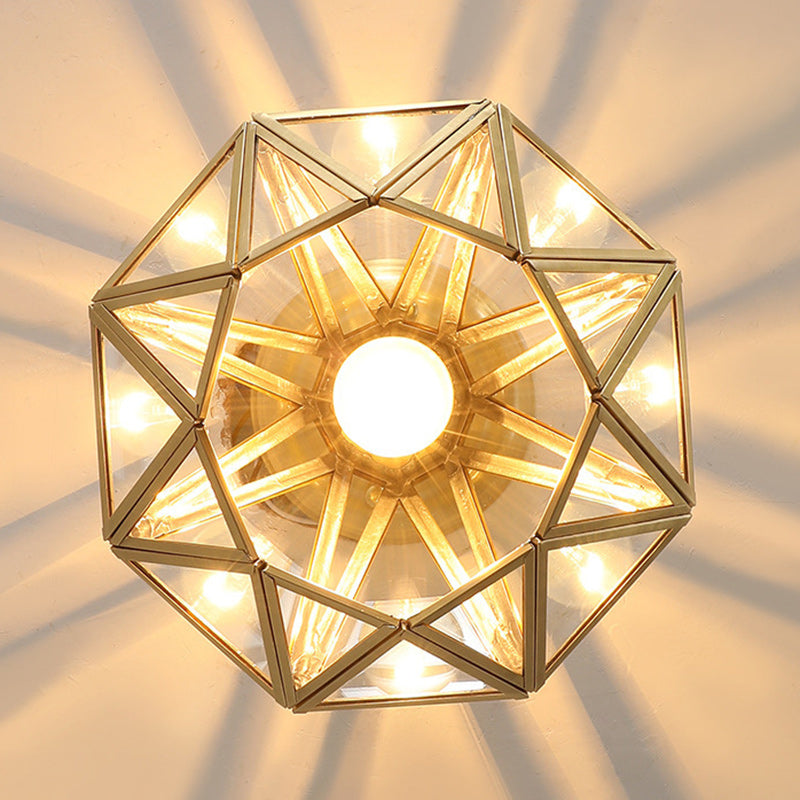 Contemporary Scandinavian Brass Glass Geometric Round 1-Light Semi-Flush Mount Ceiling Light For Living Room