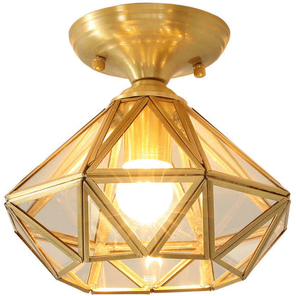 Contemporary Scandinavian Brass Glass Geometric Round 1-Light Semi-Flush Mount Ceiling Light For Living Room