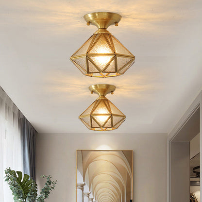 Contemporary Scandinavian Brass Glass Geometric Round 1-Light Semi-Flush Mount Ceiling Light For Living Room