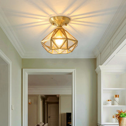 Contemporary Scandinavian Brass Glass Geometric Round 1-Light Semi-Flush Mount Ceiling Light For Living Room