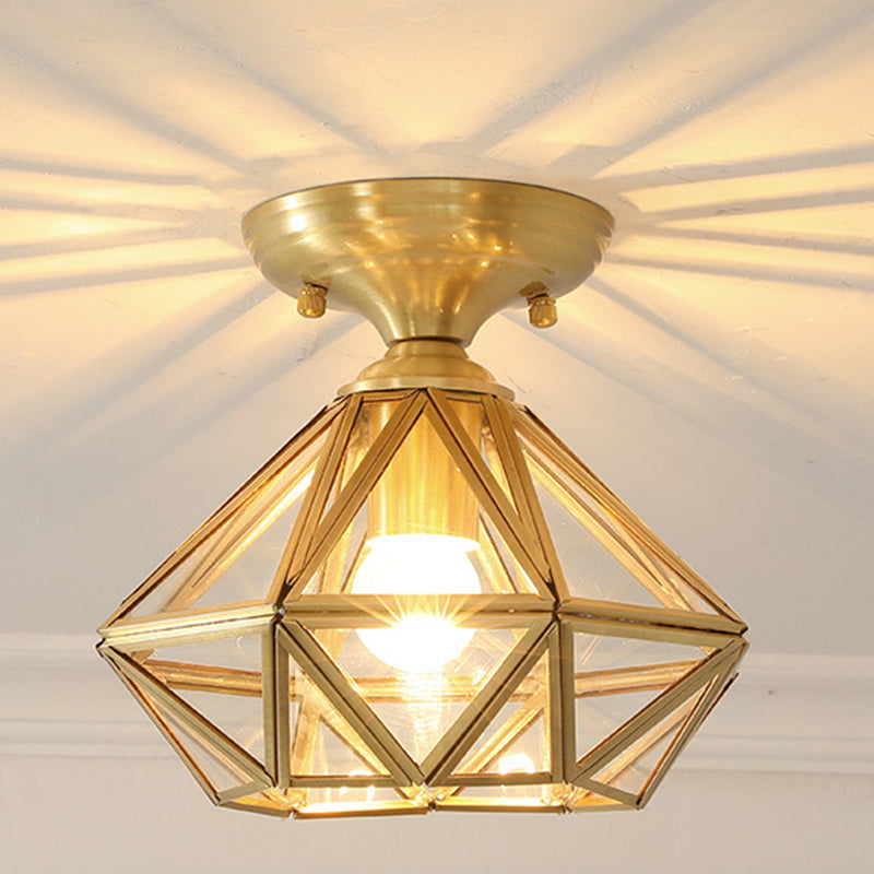 Contemporary Scandinavian Brass Glass Geometric Round 1-Light Semi-Flush Mount Ceiling Light For Living Room