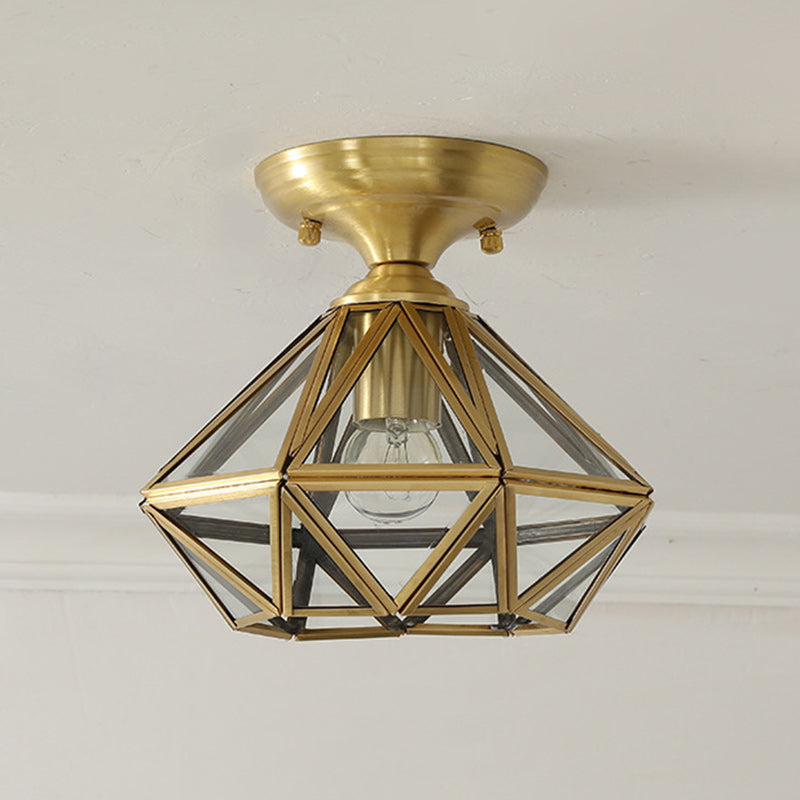 Contemporary Scandinavian Brass Glass Geometric Round 1-Light Semi-Flush Mount Ceiling Light For Living Room