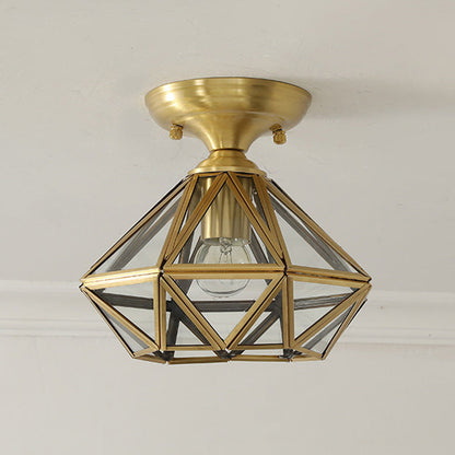 Contemporary Scandinavian Brass Glass Geometric Round 1-Light Semi-Flush Mount Ceiling Light For Living Room