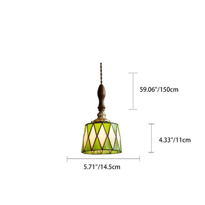 Traditional Chinese Brass Glass Wood Lattice-Round 1-Light Pendant Light For Bedroom & Living Room