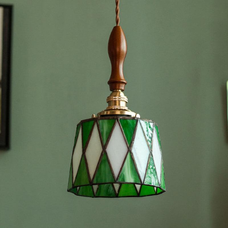 Traditional Chinese Brass Glass Wood Lattice-Round 1-Light Pendant Light For Bedroom & Living Room