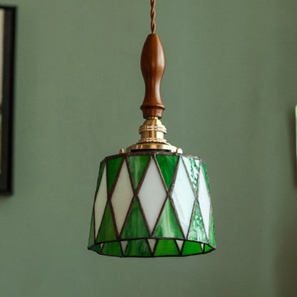 Traditional Chinese Brass Glass Wood Lattice-Round 1-Light Pendant Light For Bedroom & Living Room