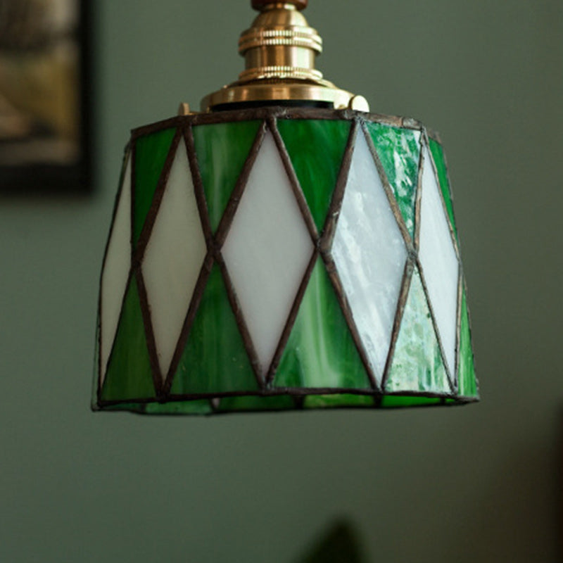 Traditional Chinese Brass Glass Wood Lattice-Round 1-Light Pendant Light For Bedroom & Living Room