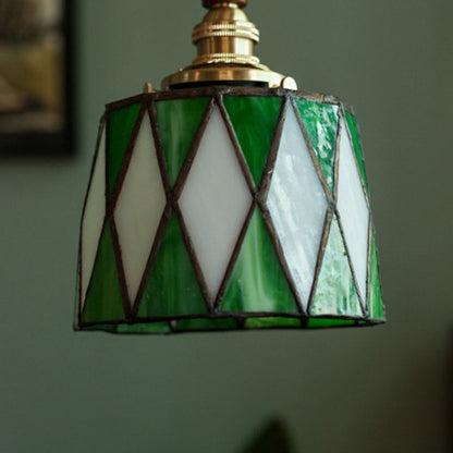 Traditional Chinese Brass Glass Wood Lattice-Round 1-Light Pendant Light For Bedroom & Living Room