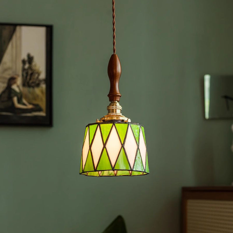 Traditional Chinese Brass Glass Wood Lattice-Round 1-Light Pendant Light For Bedroom & Living Room