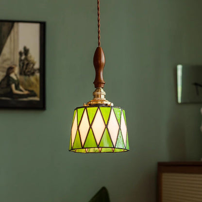 Traditional Chinese Brass Glass Wood Lattice-Round 1-Light Pendant Light For Bedroom & Living Room