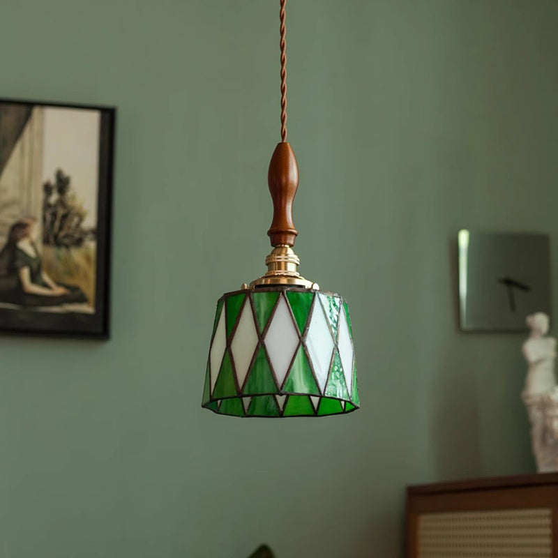 Traditional Chinese Brass Glass Wood Lattice-Round 1-Light Pendant Light For Bedroom & Living Room