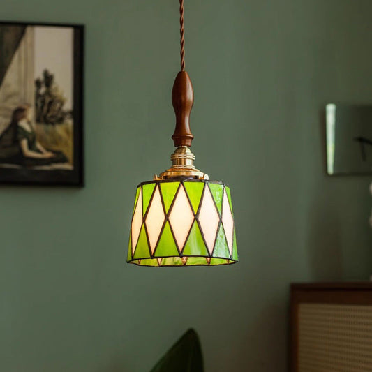 Traditional Chinese Brass Glass Wood Lattice-Round 1-Light Pendant Light For Bedroom & Living Room