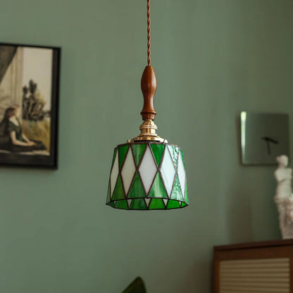 Traditional Chinese Brass Glass Wood Lattice-Round 1-Light Pendant Light For Bedroom & Living Room