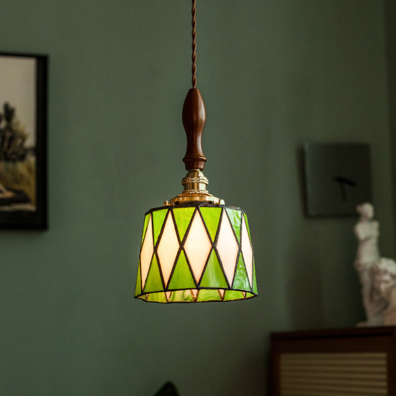 Traditional Chinese Brass Glass Wood Lattice-Round 1-Light Pendant Light For Bedroom & Living Room