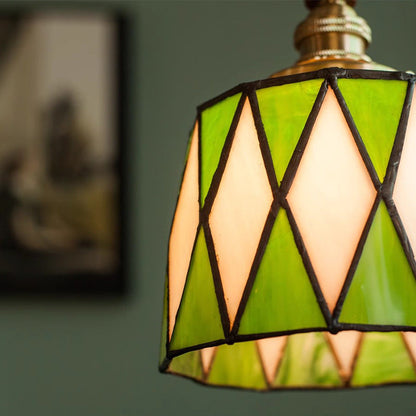 Traditional Chinese Brass Glass Wood Lattice-Round 1-Light Pendant Light For Bedroom & Living Room