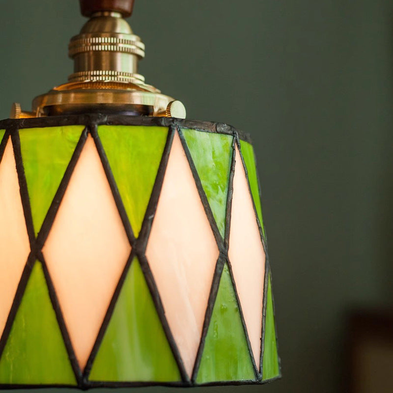 Traditional Chinese Brass Glass Wood Lattice-Round 1-Light Pendant Light For Bedroom & Living Room