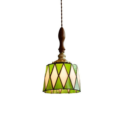 Traditional Chinese Brass Glass Wood Lattice-Round 1-Light Pendant Light For Bedroom & Living Room