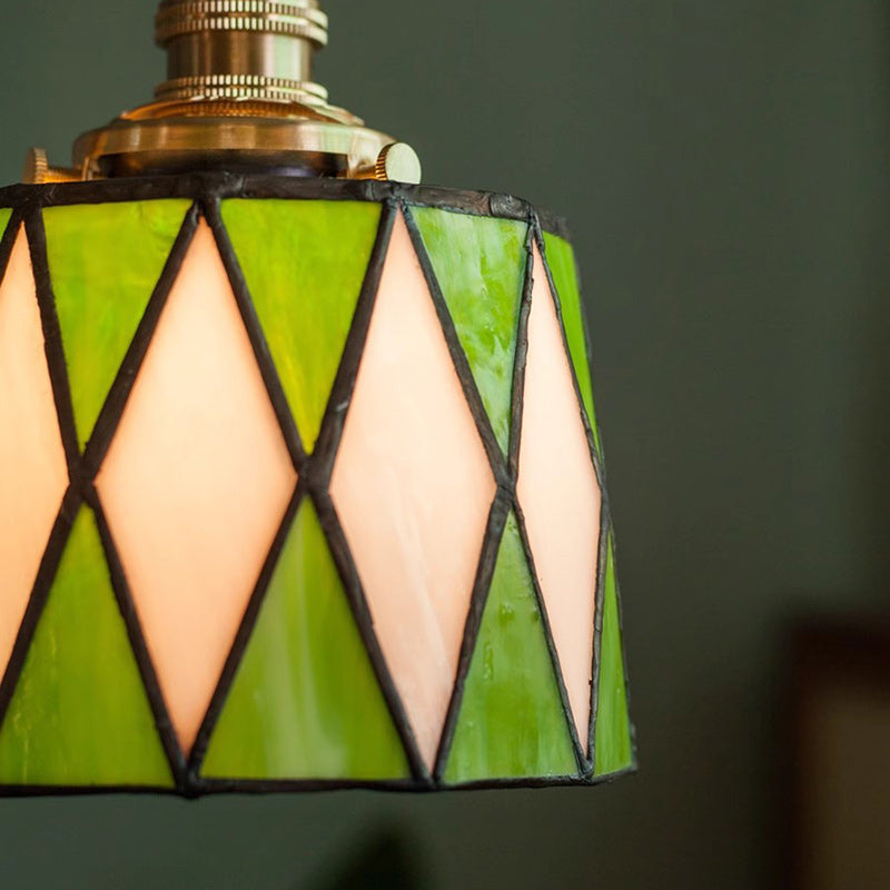 Traditional Chinese Brass Glass Wood Lattice-Round 1-Light Pendant Light For Bedroom & Living Room