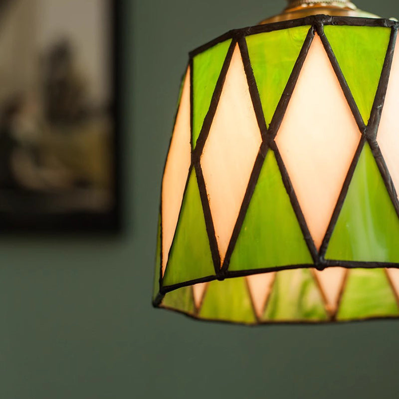 Traditional Chinese Brass Glass Wood Lattice-Round 1-Light Pendant Light For Bedroom & Living Room