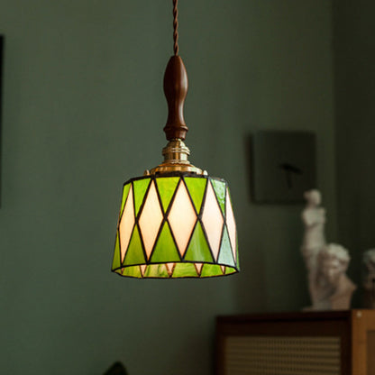 Traditional Chinese Brass Glass Wood Lattice-Round 1-Light Pendant Light For Bedroom & Living Room