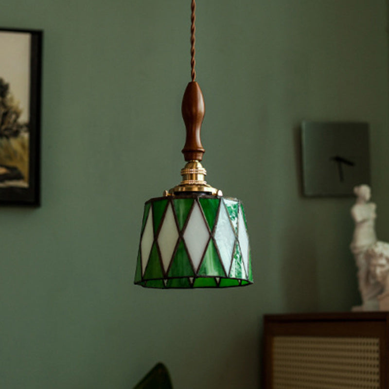 Traditional Chinese Brass Glass Wood Lattice-Round 1-Light Pendant Light For Bedroom & Living Room