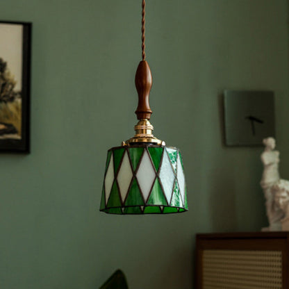 Traditional Chinese Brass Glass Wood Lattice-Round 1-Light Pendant Light For Bedroom & Living Room