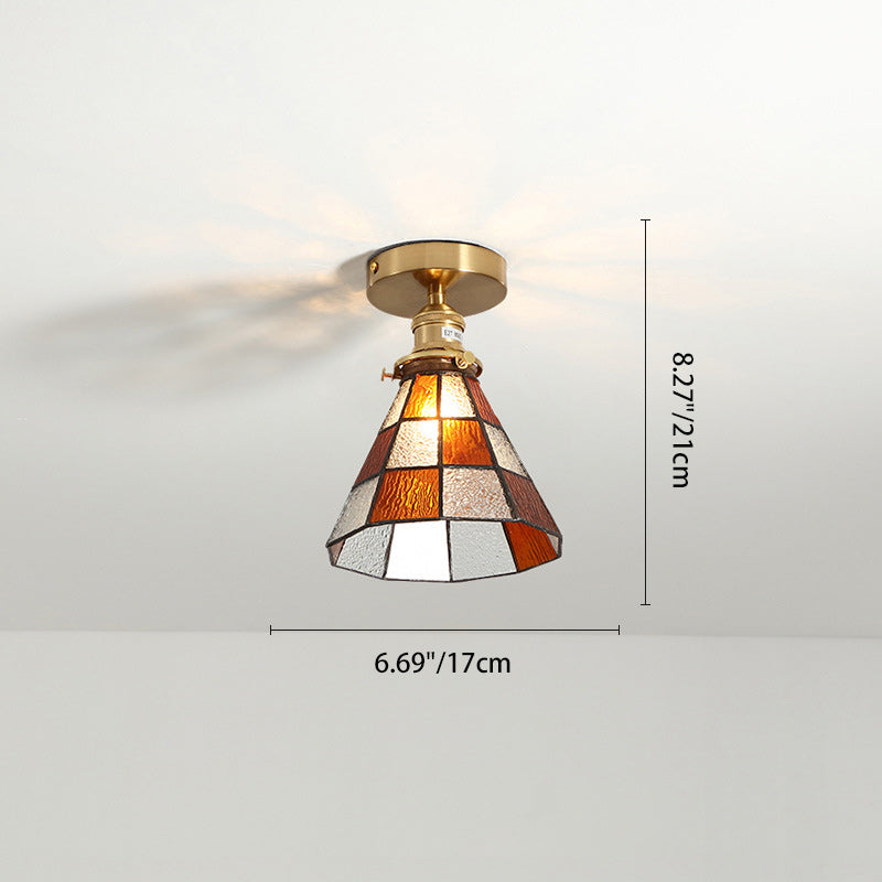 Traditional Japanese Brass Glass Cone Square 1-Light Semi-Flush Mount Ceiling Light For Living Room