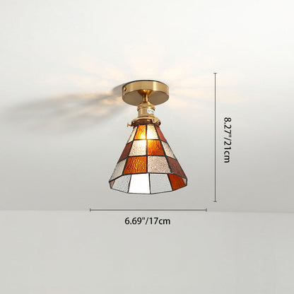 Traditional Japanese Brass Glass Cone Square 1-Light Semi-Flush Mount Ceiling Light For Living Room