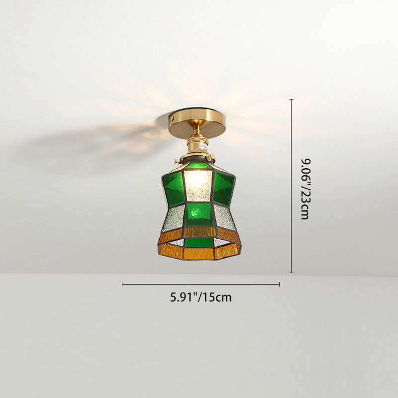 Traditional Japanese Brass Glass Cone Square 1-Light Semi-Flush Mount Ceiling Light For Living Room