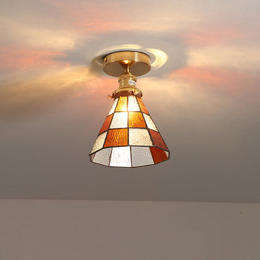 Traditional Japanese Brass Glass Cone Square 1-Light Semi-Flush Mount Ceiling Light For Living Room