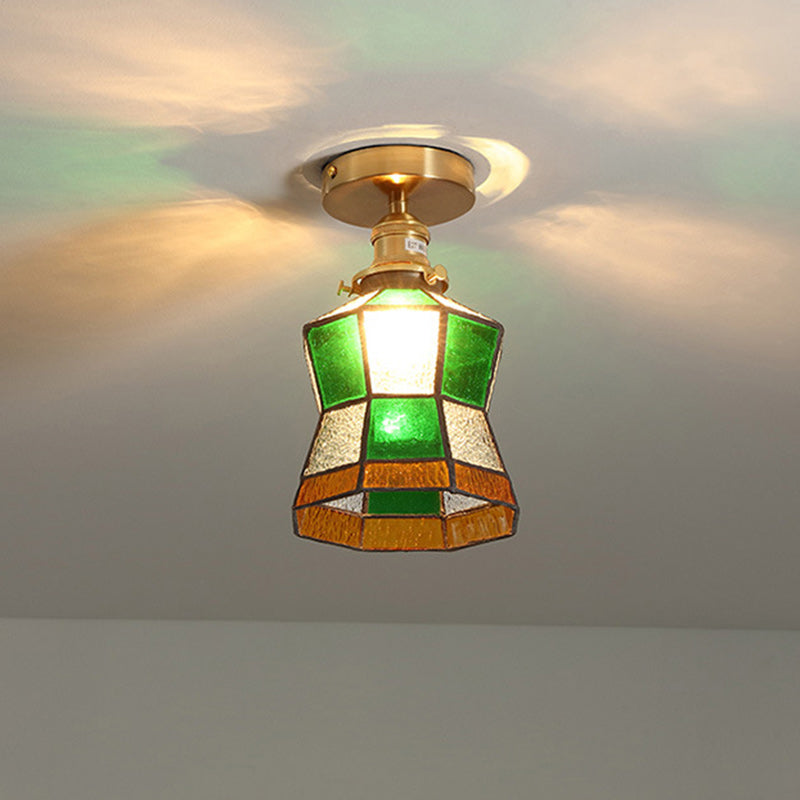 Traditional Japanese Brass Glass Cone Square 1-Light Semi-Flush Mount Ceiling Light For Living Room