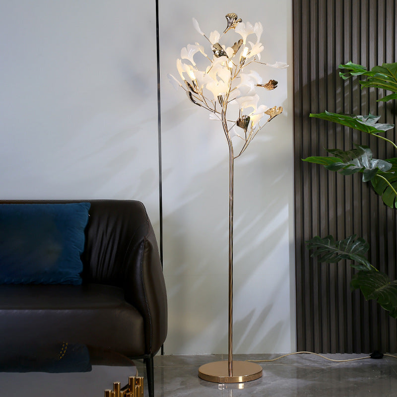 Contemporary Creative Metal Porcelain Acrylic Ginkgo Leaf 5-Light Standing Floor Lamp For Bedroom