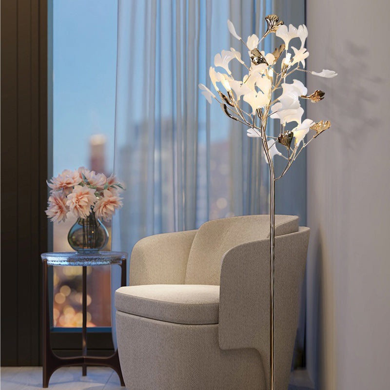 Contemporary Creative Metal Porcelain Acrylic Ginkgo Leaf 5-Light Standing Floor Lamp For Bedroom
