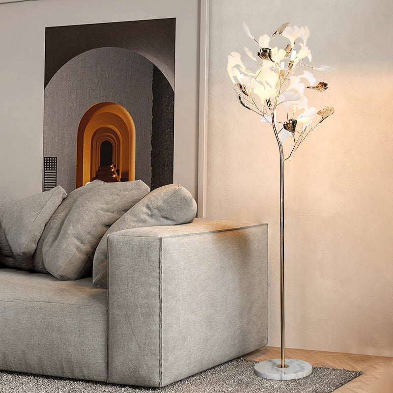 Contemporary Creative Metal Porcelain Acrylic Ginkgo Leaf 5-Light Standing Floor Lamp For Bedroom