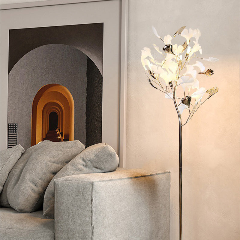 Contemporary Creative Metal Porcelain Acrylic Ginkgo Leaf 5-Light Standing Floor Lamp For Bedroom