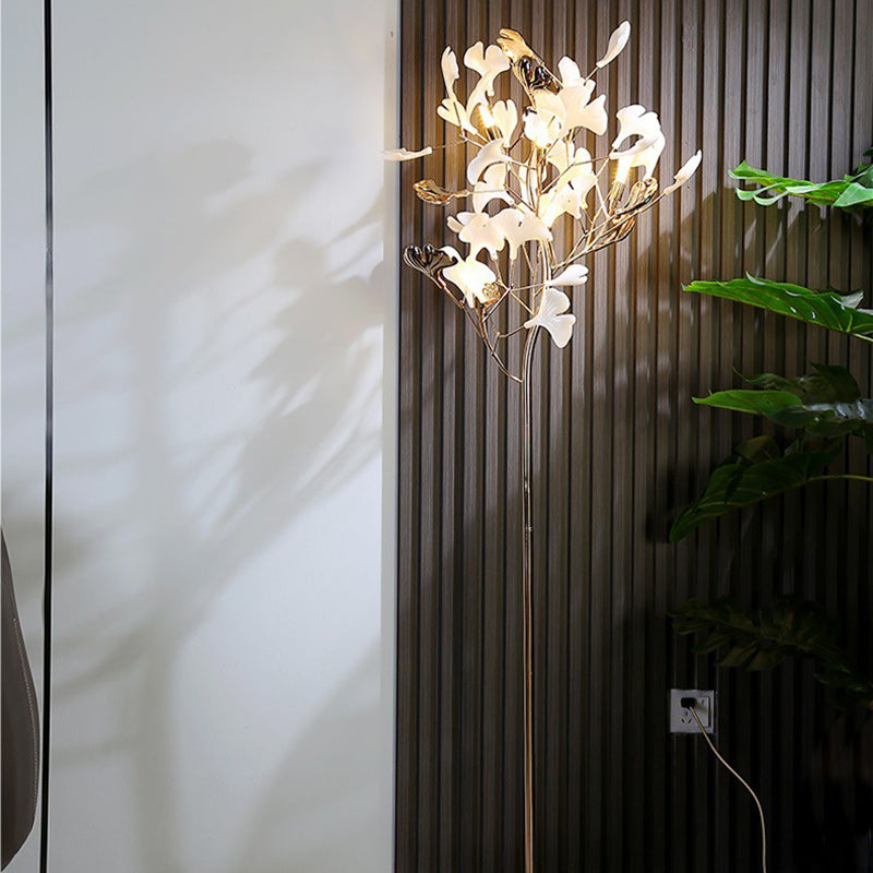 Contemporary Creative Metal Porcelain Acrylic Ginkgo Leaf 5-Light Standing Floor Lamp For Bedroom