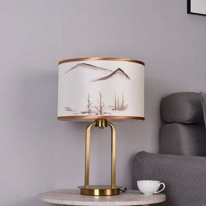 Traditional Chinese Fabric Metal Arched Cylinder 1-Light Table Lamp For Bedroom