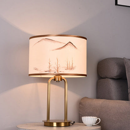 Traditional Chinese Fabric Metal Arched Cylinder 1-Light Table Lamp For Bedroom