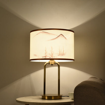 Traditional Chinese Fabric Metal Arched Cylinder 1-Light Table Lamp For Bedroom
