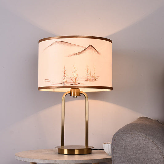 Traditional Chinese Fabric Metal Arched Cylinder 1-Light Table Lamp For Bedroom