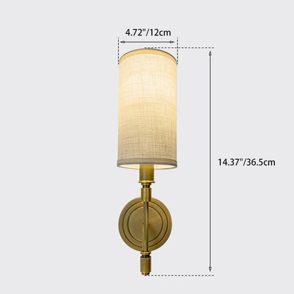 Modern Minimalist Linen Brass Round Cylindrical 1-Light Wall Sconce Lamp For Bedroom