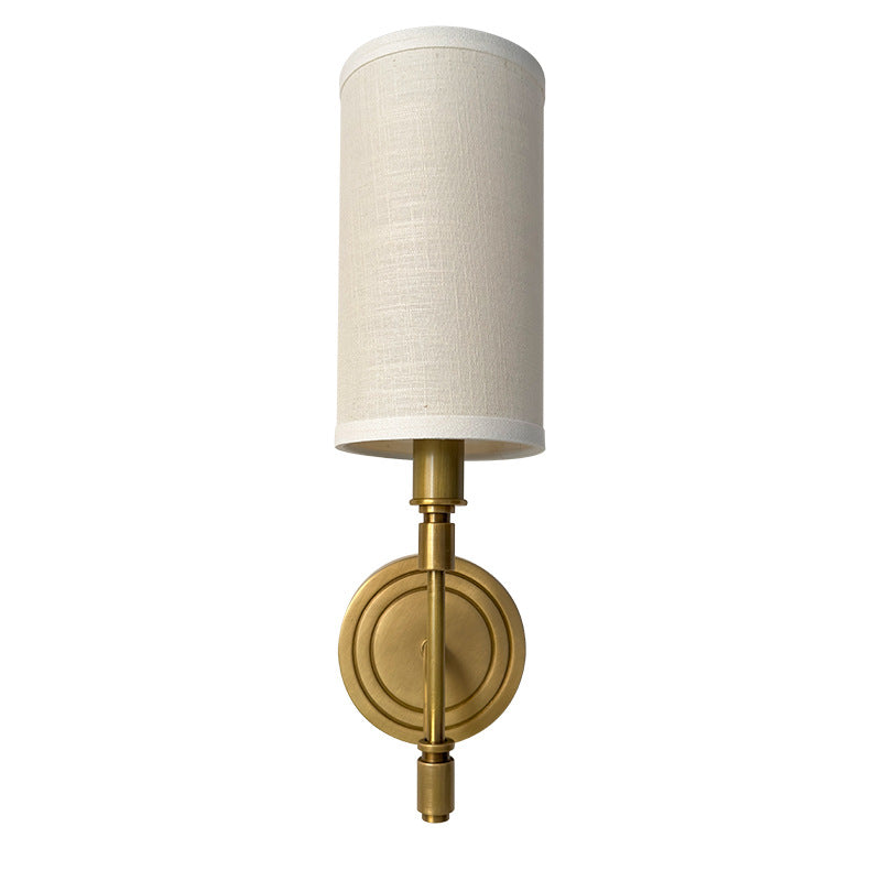 Modern Minimalist Linen Brass Round Cylindrical 1-Light Wall Sconce Lamp For Bedroom