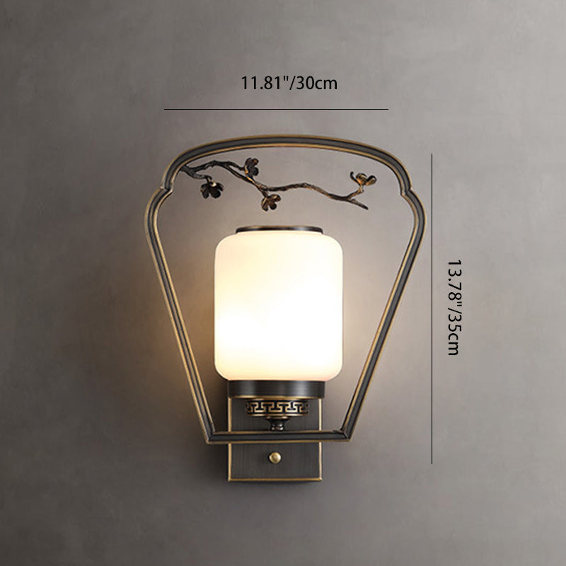 Traditional Chinese Brass Glass Fan-Shaped Elliptical 1-Light Wall Sconce Lamp For Living Room
